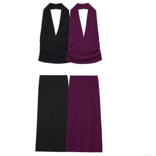 Women's Halter Neck Deep V-Neck Ruched Top and Side Slit Long Skirt Two Piece Set Solid Color Sleeveless Slim Fit Summer Streetwear Party Outfit