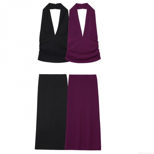 Women's Halter Neck Deep V-Neck Ruched Top and Side Slit Long Skirt Two Piece Set Solid Color Sleeveless Slim Fit Summer Streetwear Party Outfit