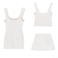Women White Knitted Three-Piece Set Pearl Trim Ruffle Camisole Top Mini Skirt Sleeveless Dress Summer Casual Streetwear European Style Outfits