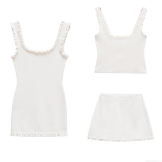 Women White Knitted Three-Piece Set Pearl Trim Ruffle Camisole Top Mini Skirt Sleeveless Dress Summer Casual Streetwear European Style Outfits