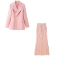 Women's 2 Piece Set Pink Double Breasted Blazer and Floral Lace Long Skirt Elegant Business Casual Outfit for Office Party Ladies Streetwear