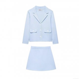 Women's Two Piece Knitted Skirt Set Contrast Trim Button Front Long Sleeve Jacket And High Waist A-Line Mini Skirt Light Blue 2025 Summer Fashion Co-ords Streetwear