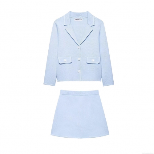 Women's Two Piece Knitted Skirt Set Contrast Trim Button Front Long Sleeve Jacket And High Waist A-Line Mini Skirt Light Blue 2025 Summer Fashion Co-ords Streetwear