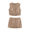 Women's Elegant 2-Piece Sequin Tweed Skirt Set Luxury Vest Top And High Waist A-Line Mini Skirt Outfit Street Style Small Fragrance Co-ords For Ladies Brown