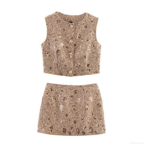 Women's Elegant 2-Piece Sequin Tweed Skirt Set Luxury Vest Top And High Waist A-Line Mini Skirt Outfit Street Style Small Fragrance Co-ords For Ladies Brown