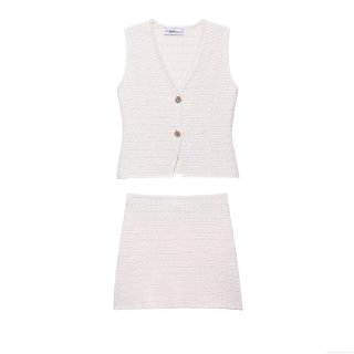 Women's 2 Piece Knit Outfit Set Sexy V Neck Sleeveless Button Front Vest Top and Matching Mini A-Line Skirt Texture Knit Summer Streetwear Suit
