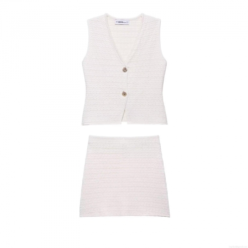 Women's 2 Piece Knit Outfit Set Sexy V Neck Sleeveless Button Front Vest Top and Matching Mini A-Line Skirt Texture Knit Summer Streetwear Suit