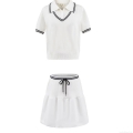 Women's 2 Piece Summer Knit Outfits Contrast Stripe Short Sleeve V Neck Polo Top And Mini A-Line Skirt Set Streetwear Sporty Casual Skirt Suit