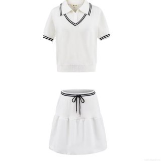 Women's 2 Piece Summer Knit Outfits Contrast Stripe Short Sleeve V Neck Polo Top And Mini A-Line Skirt Set Streetwear Sporty Casual Skirt Suit
