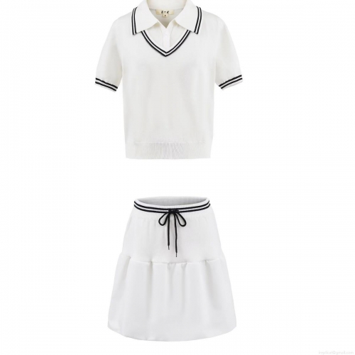 Women's 2 Piece Summer Knit Outfits Contrast Stripe Short Sleeve V Neck Polo Top And Mini A-Line Skirt Set Streetwear Sporty Casual Skirt Suit