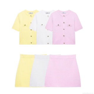 Women's Knit Two Piece Set Button Up Short Sleeve Cardigan Top And High Waist A-Line Mini Skirt 100% Polyester Casual Streetwear Summer Outfit For Women