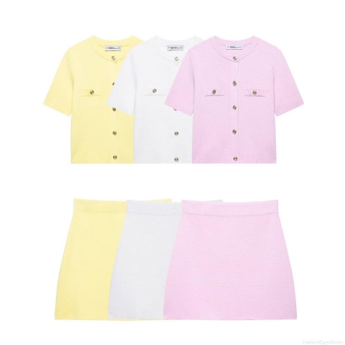 Women's Knit Two Piece Set Button Up Short Sleeve Cardigan Top And High Waist A-Line Mini Skirt 100% Polyester Casual Streetwear Summer Outfit For Women