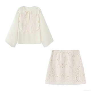 Women's Two Piece Lace Set Ruffle Long Sleeve Tie Up Shirt And Embroidered Mini Skirt Summer European Casual Streetwear Outfit Off White