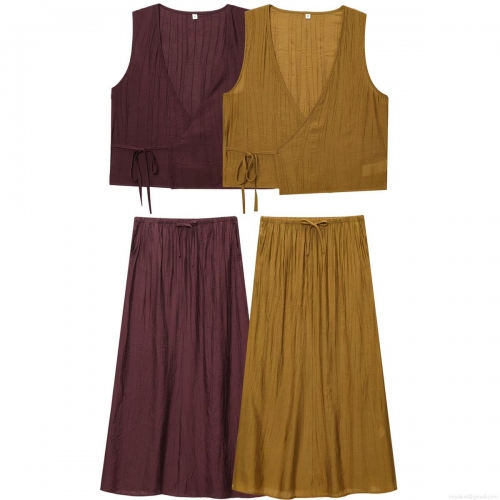 Women's 2-Piece Skirt Set Sleeveless Wrap Tie Vest Top and High Waist Pleated Long Skirt Set Polyester Crepe Summer Casual Streetwear Outfits For Date Party