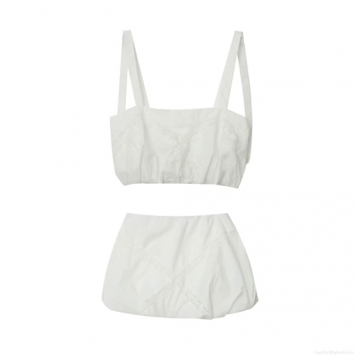 Women Summer 2-Piece Set White Lace Embroidery Camisole Crop Top And Fluffy Mini Skirt Outfits European Streetwear Sweet Elegant Vacation Clothing