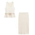 Women's Elegant Knit Sleeveless Top And Midi Skirt 2 Piece Set With Belt Solid Color Cream Summer Casual Commute Knitwear Outfit