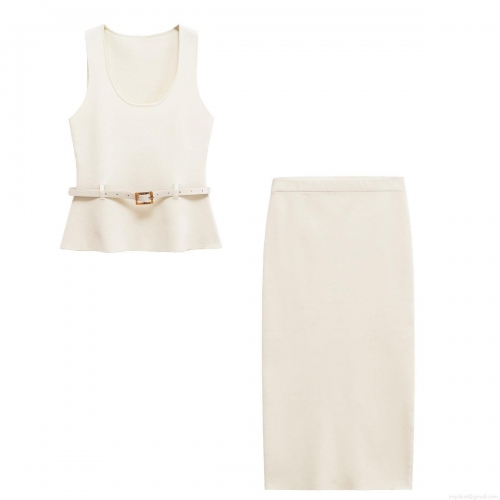 Women's Elegant Knit Sleeveless Top And Midi Skirt 2 Piece Set With Belt Solid Color Cream Summer Casual Commute Knitwear Outfit