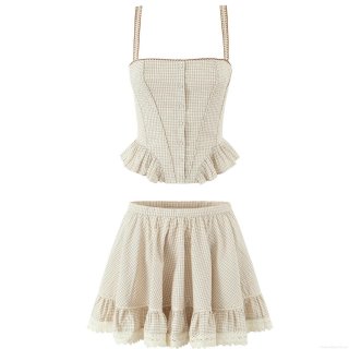 Women's Retro Plaid Two Piece Set 100% Cotton Lace Trim Camisole Top And Ruffled Mini Skirt Smocked Back Summer Outfits For Vacation Beach Streetwear