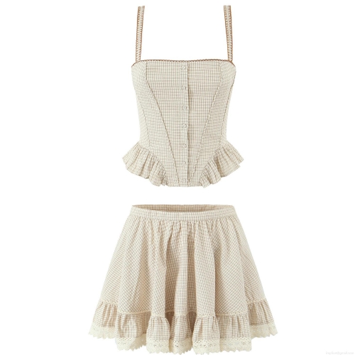 Women's Retro Plaid Two Piece Set 100% Cotton Lace Trim Camisole Top And Ruffled Mini Skirt Smocked Back Summer Outfits For Vacation Beach Streetwear