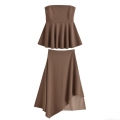 Women's Sexy Two Piece Outfits Solid Brown Tube Top And Asymmetrical Hem Midi Skirt Set 100% Polyester Streetwear Summer Casual Clothing For Women