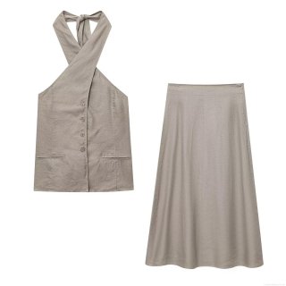 Women's Summer Halter Neck Single Breasted Top And Midi Skirt Set Casual Linen Cotton Two Piece Outfits Taupe Solid Color Sleeveless Vest And A-Line Skirt Streetwear For Vacation