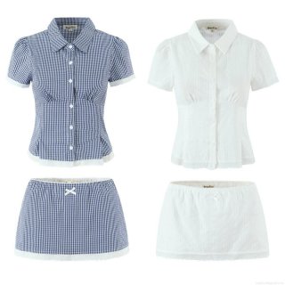 Women European Gingham Patchwork Lace Short Sleeve Shirt and Mini Skirt Set Cotton Plaid Two Piece Outfits for Summer Casual Streetwear