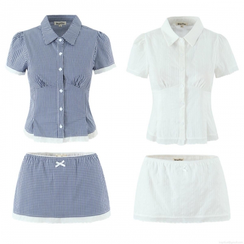 Women European Gingham Patchwork Lace Short Sleeve Shirt and Mini Skirt Set Cotton Plaid Two Piece Outfits for Summer Casual Streetwear