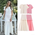 Women's Elegant 2-Piece Knit Skirt Set Short Sleeve Cardigan With Pearl Buttons And High Waist Patchwork Pleated Maxi Skirt Casual Outfit