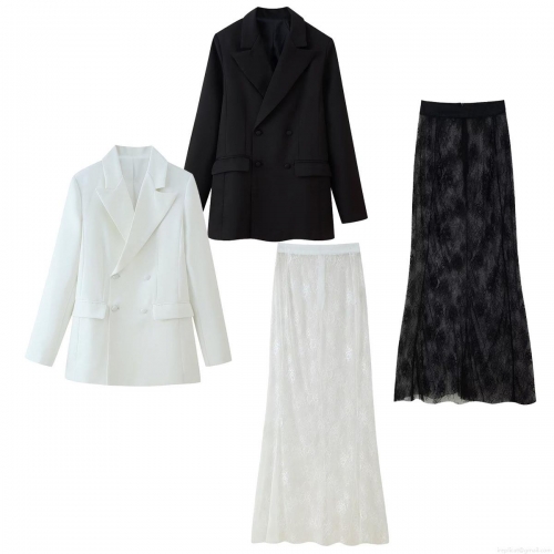 Women's Elegant 2 Piece Skirt Set Double Breasted Polyester Blazer Jacket and Floral Lace Maxi Skirt Slim Fit Suit for Office Party Streetwear Autumn