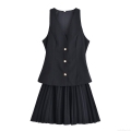 Women's 2 Piece Outfits V Neck Sleeveless Button Down Waistcoat Vest And High Waist Pleated Mini Skirt Set Summer Western Street Style Solid Color Suit Fabric Uniform For Lady