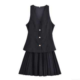 Women's 2 Piece Outfits V Neck Sleeveless Button Down Waistcoat Vest And High Waist Pleated Mini Skirt Set Summer Western Street Style Solid Color Suit Fabric Uniform For Lady