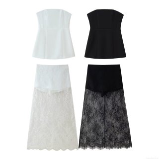 Women's 2-Piece Sexy Strapless Tube Top And Floral Lace Maxi Skirt Set Summer Sleeveless Slim Fit Outfits For Party Streetwear