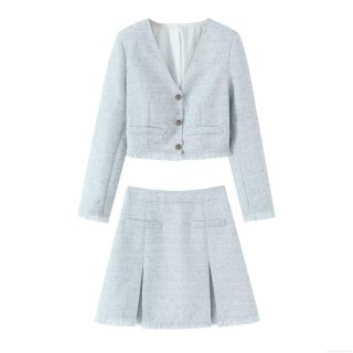 Women's Elegant Tweed Two Piece Skirt Set V Neck Long Sleeve Short Jacket And Pleated A-Line Mini Skirt With Fringed Hem Chic Western Style Streetwear Outfit