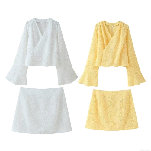 Women's 2-Piece Skirt Set Elegant Jacquard V-Neck Long Sleeve Wrap Shirt and Mini A-Line Skirt Suits Summer Streetwear Outfits For Women