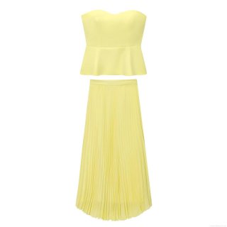 Women's Two Piece Set Sexy Lemon Yellow Tube Peplum Top and High Waist Pleated Maxi Skirt Solid Color Polyester Streetwear Outfits for Party Vacation