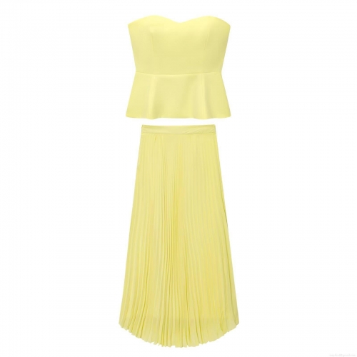Women's Two Piece Set Sexy Lemon Yellow Tube Peplum Top and High Waist Pleated Maxi Skirt Solid Color Polyester Streetwear Outfits for Party Vacation
