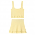 Women Summer Knit Two Piece Set Embroidered Square Neck Camisole And Mini A-Line Skirt Hollow Out Flower Design Casual Streetwear Outfits Yellow