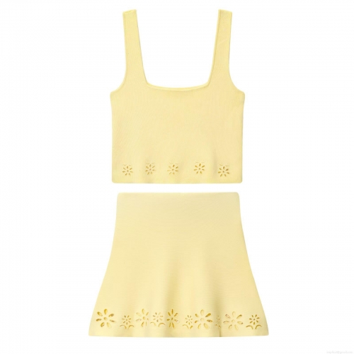 Women Summer Knit Two Piece Set Embroidered Square Neck Camisole And Mini A-Line Skirt Hollow Out Flower Design Casual Streetwear Outfits Yellow
