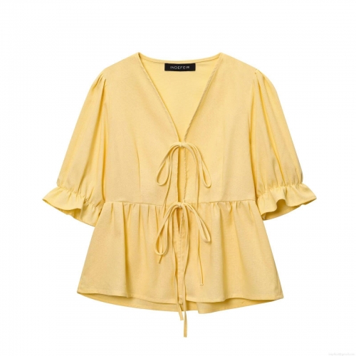 Women's 2-Piece Elegant Skirt Set Pale Yellow Polyester Bubble Sleeve V-Neck Tie-Up Crop Top And Midi Mermaid Skirt For Office Party Daily Casual Autumn Fashion