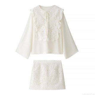 Women Elegant Lace Patchwork Shirt And Skirt Set Floral Embroidery Long Sleeve Ruffle Blouse And Mini Skirt 2 Piece Western Streetwear Outfit For Women