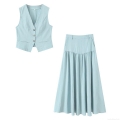 Women's Two Piece Set Fashion V Neck Button Vest Top And High Waist Pleated Midi Skirt Set Light Blue Sleeveless Streetwear Co-ords Outfit For Women
