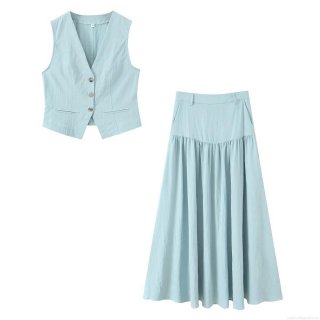 Women's Two Piece Set Fashion V Neck Button Vest Top And High Waist Pleated Midi Skirt Set Light Blue Sleeveless Streetwear Co-ords Outfit For Women