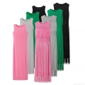 Women's Two-Piece Sleeveless Tassel Dress Set Knit Polyester Solid Color Fringe Midi Dress For Party Clubwear Fashion Outfits