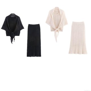 Women's 3-Piece Knitted Skirt Set Elegant Hollow Out Crochet Tied Shawl Vest Top And High Waist A-Line Midi Skirt For Vacation Street Style Polyester Knit Outfits
