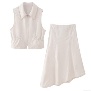 Women's 2 Piece Outfits Casual Sleeveless Lapel Zip Up Vest Jacket and Asymmetric Mid Length Skirt Set 100% Polyester Solid Color Streetwear European Style Beige Sets for Women