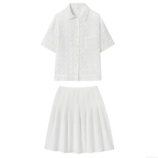 Women's Two Piece Skirt Set Short Sleeve Swiss Dot Button Down Shirt And High Waist Pleated Mini Skirt White Casual Streetwear Summer Autumn Outfit