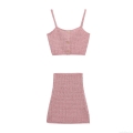 Women Sexy Waffle Knit 2 Piece Outfits Pink Knit Crop Cami Top And High Waist Bodycon Mini Skirt Set Streetwear Clubwear Party Clothing
