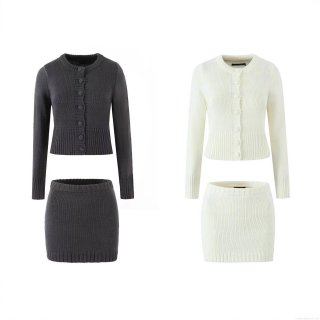 Women Elegant Knitted Two Piece Set Long Sleeve Round Neck Button Up Cardigan And High Waist Bodycon Mini Skirt Solid Ribbed Knit Outfits