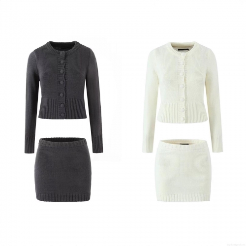 Women Elegant Knitted Two Piece Set Long Sleeve Round Neck Button Up Cardigan And High Waist Bodycon Mini Skirt Solid Ribbed Knit Outfits