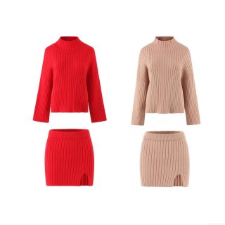Women's Ribbed Knit Two Piece Skirt Set Turtleneck Long Sleeve Sweater And Side Split Mini Skirt Elegant Slim Fit Fall Winter Streetwear Outfits